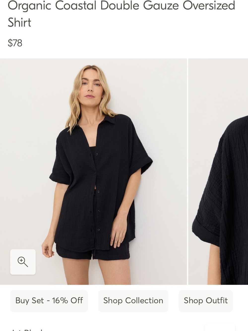 Pact Organic Coastal Double Gauze Oversized Shirt & Short set - Black